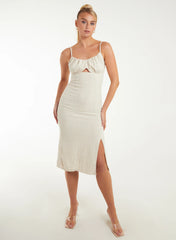Ruched Linen Style Midi Dress