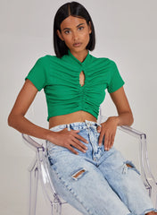 Short Sleeve Gathered Keyhole Ribbed Top