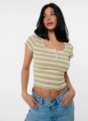 Cap Sleeve Stripe Lace Trim Top
