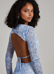 Graphic Floral Long Sleeve Backless Mini Dress