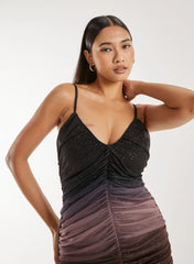 Strappy Ruched Sparkle Ombre Mini Dress