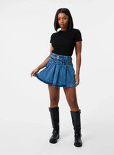 Denim Double Belt Pleat Mini Skirt