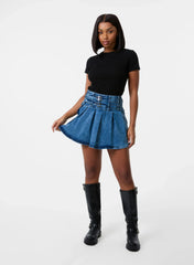 Denim Double Belt Pleat Mini Skirt
