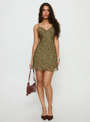 Ailyn V-neck Mini Dress Green Leopard