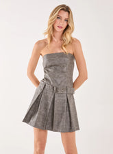 Stone Wash Bandeau Pleat Mini Dress