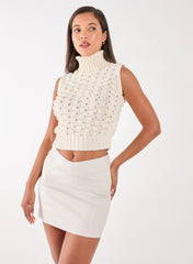 Knitted High Neck Threaded Sleeveless Top