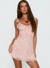 Dewdrops Chiffon Frill Mini Dress Pink Floral