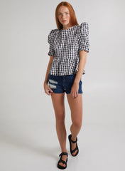 Black Check Tie Back Peplum Blouse