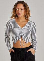 Striped Tie Front Ribbed Crop Top