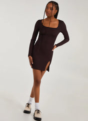 Ribbed Split Hem Square Neck Long Sleeve Dress