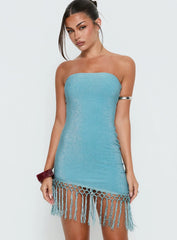 Keyana Strapless Tassel Mini Dress Blue Shimmer