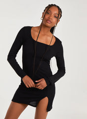 Ribbed Split Hem Square Neck Long Sleeve Dress
