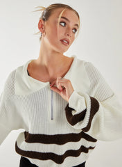 Striped Zip-Up Collar Knitted Jumper
