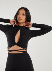 Keyhole Tie Front Long Sleeve Top