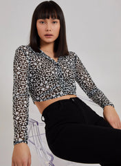 Geometric Print Mesh Button Up Top