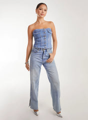 Metallic Silver Foil Denim Corset Top