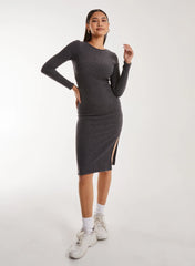 Soft Brushed Rib Long Sleeve Midi Dress