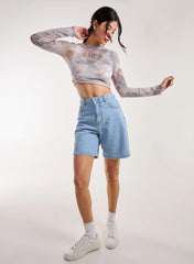 Mesh Printed LA Long Sleeve Top