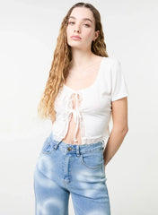 Ribbed Lace Tie Front Top