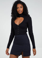 Ribbed Buttoned Cut Out High Neck Top