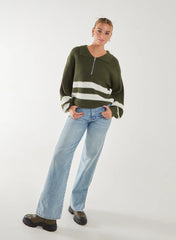 Striped Zip-Up Collar Knitted Jumper