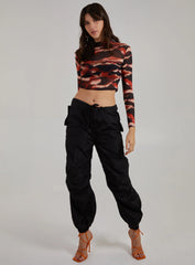 Smudge Print Mesh Long Sleeve Top