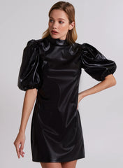 High Neck Balloon Sleeve Faux Leather Dress