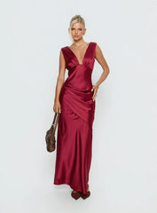 False Alarm Plunge Asymmetrical Pleat Maxi Dress Red