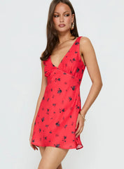 Pennie Bias Mini Dress Red Floral