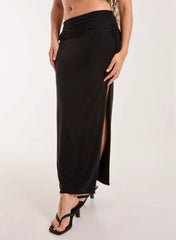 Low Rise Fold Over Slinky Maxi Skirt