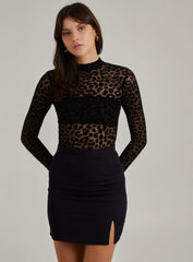 Animal Print Flocked Long Sleeve Bodysuit