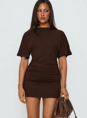 Hunni Ruched Shirt Mini Dress Brown