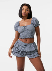 Gingham Puff Sleeve Crop Top