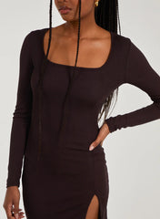 Ribbed Split Hem Square Neck Long Sleeve Dress