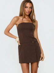 Mikena Strapless Belt Mini Dress Brown Pinstripe