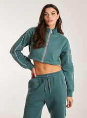 Piping Cropped Zip Up Sweat
