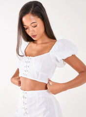 Lace Up Corset Puff Sleeve Broderie Crop Top