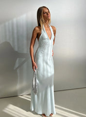 Strawberry Clouds Hotstone Satin Maxi Dress Icy Blue