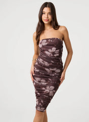 Ruched Floral Print Midi Dress