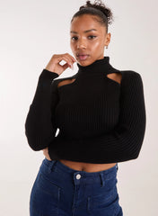 Ribbed Roll Neck Jumper With Cut Out Detail