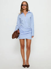 Well Versed Long Sleeve Ruched Shirt Mini Dress Blue