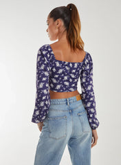 Floral Printed Milkmaid Long Balloon Sleeve Top