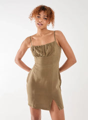Linen Ruched Strappy Mini Dress