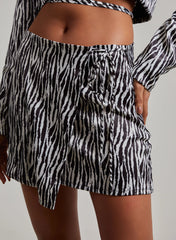 Zebra Satin Wrap Front Tie Up Mini Skirt