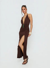 Sasami Halter Plunge Maxi Dress Chocolate