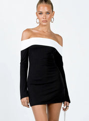 Anya Long Sleeve Off Shoulder Mini Dress Black / White