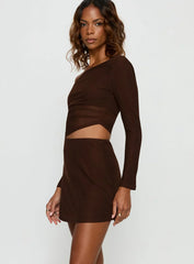 Fade To Black Off Shoulder Long Sleeve Mini Dress Chocolate