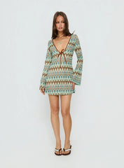 Rizario Long Sleeve Crochet Mini Dress Blue Multi