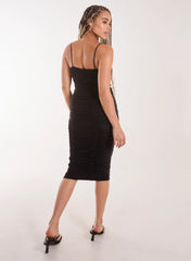 Ruched Gold Ring Strappy Midi Dress