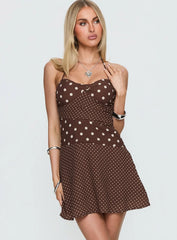 Marguerite Halter Mini Dress Brown Polka Dot